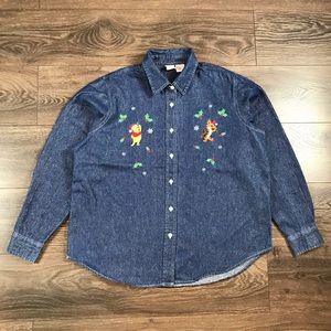 Disney Pride Womens Winnie The Pooh Christmas Mistletoe Glitter Denim Shirt Sz L